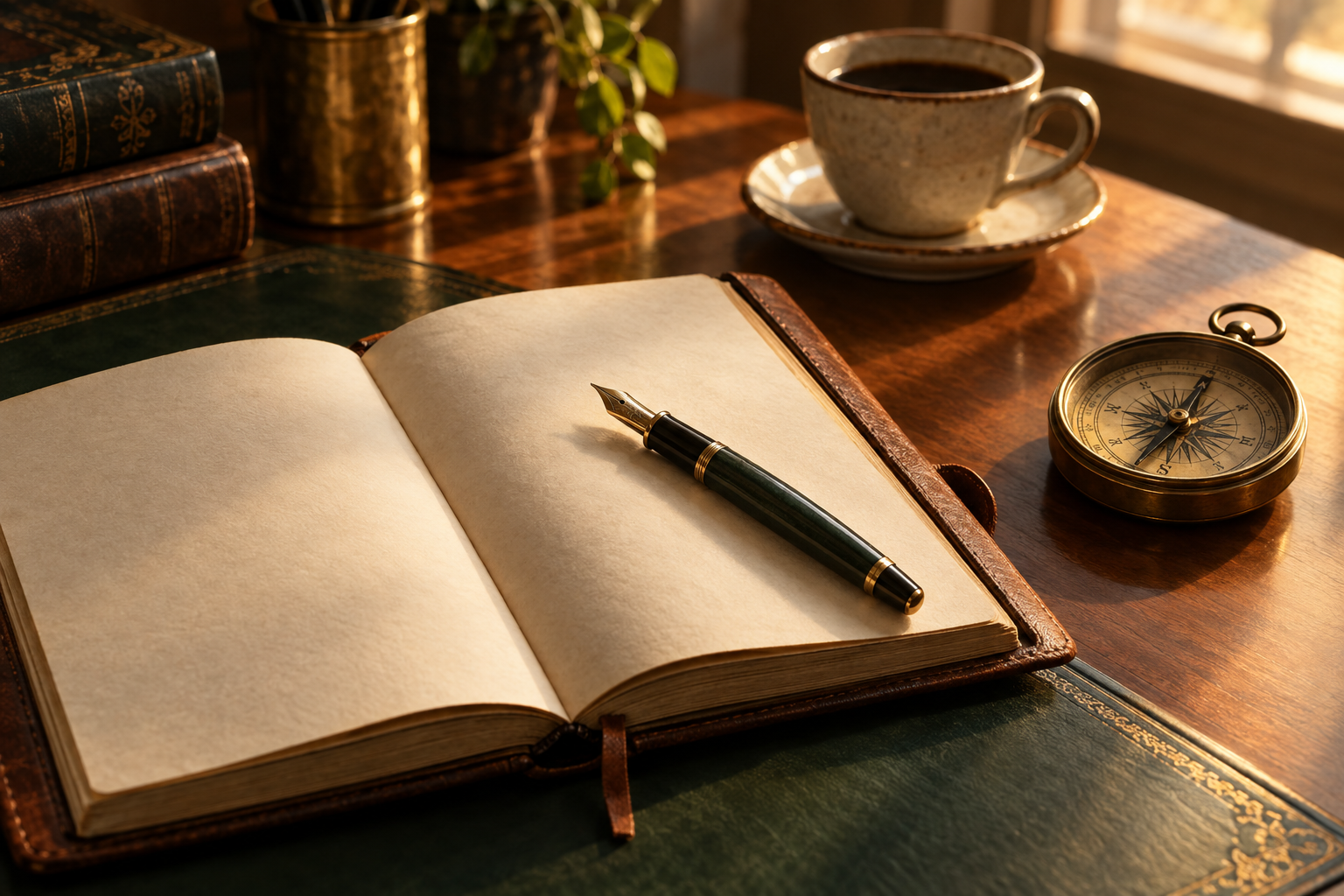 A leather-bound journal, fountain pen, and antique compass on a wooden desk